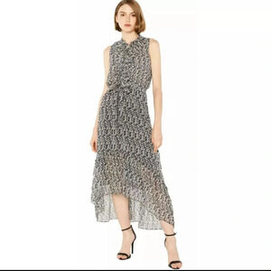 Misa Audra Printed Black Midi Dress with Ruffle Detail and Asymmetricl Hem XS